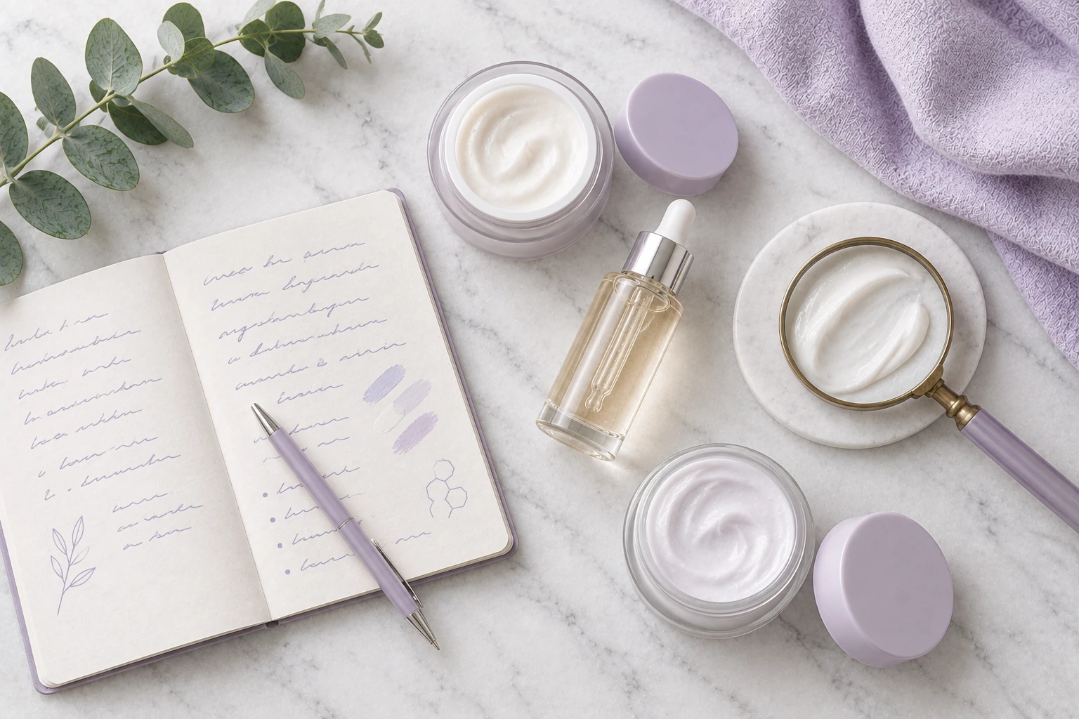Cuaderno de notas, lupa sobre una muestra de crema y tarros de crema antiarrugas durante el análisis de productos