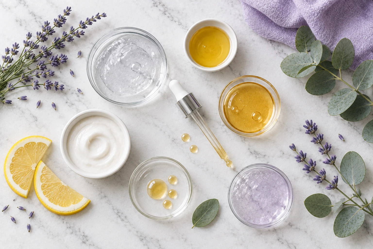 Ingredientes antiarrugas en cuencos de cristal: gel de ácido hialurónico, sérum, crema y aceite, con limón, lavanda y eucalipto