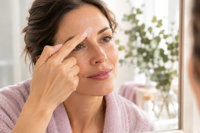 Mujer aplicándose crema en el entrecejo frente al espejo