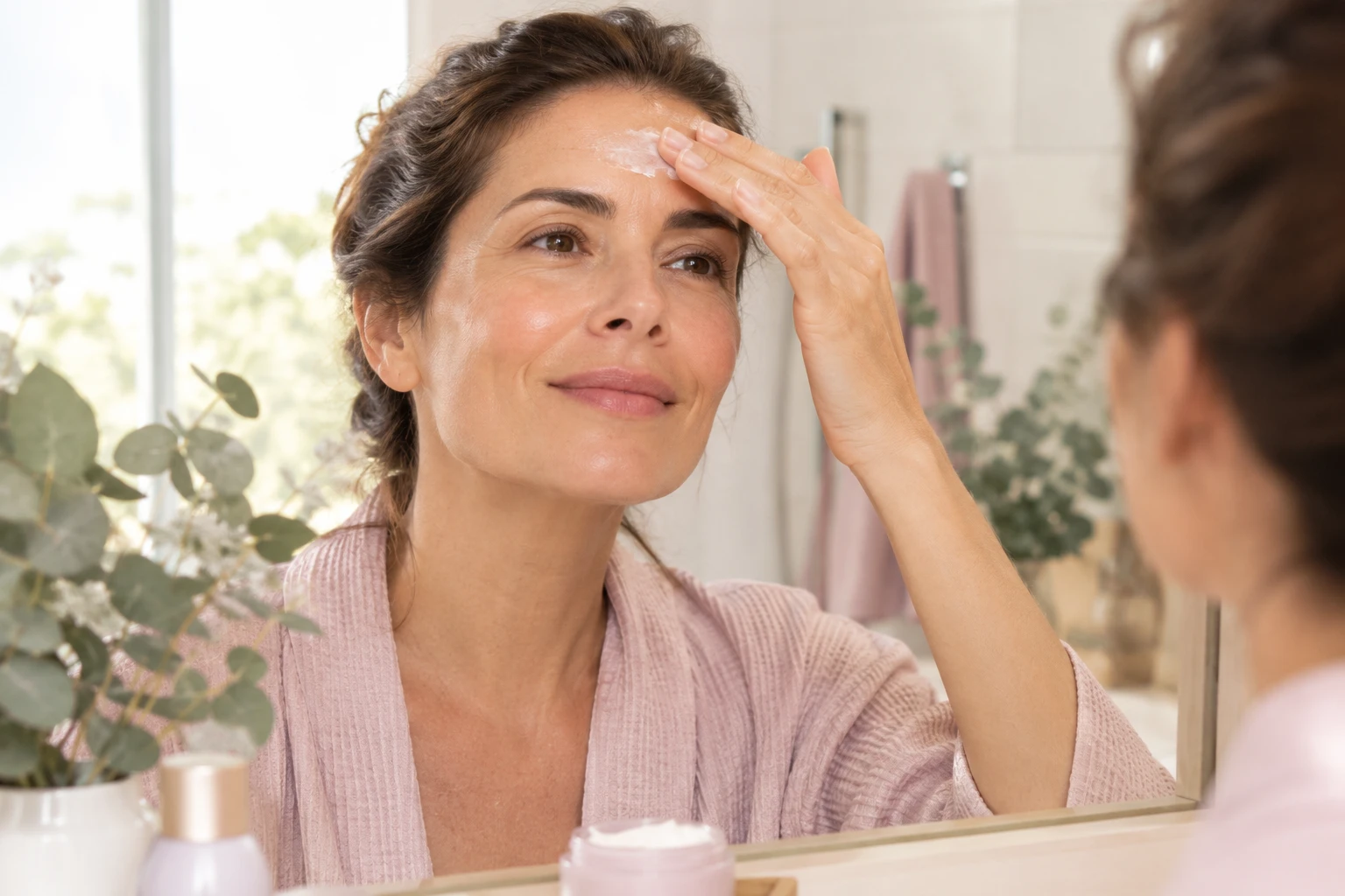 Mujer aplicándose crema antiarrugas en la frente frente al espejo