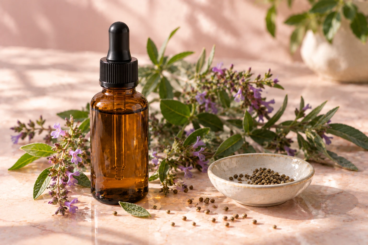 Frasco de sérum de bakuchiol junto a la planta babchi con flores moradas y semillas