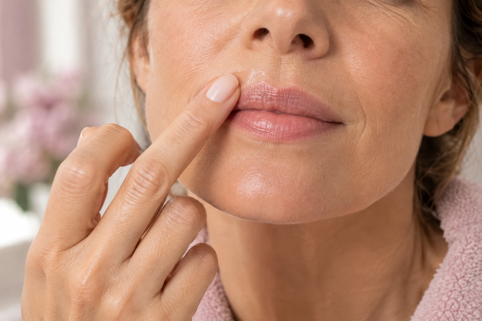 Mujer aplicándose bálsamo en el contorno del labio superior