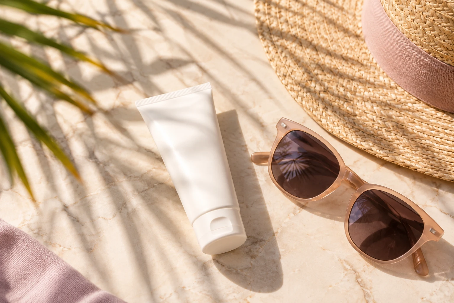 Tubo de protector solar facial junto a unas gafas de sol y un sombrero de paja