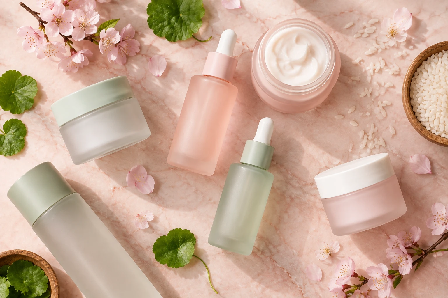 Frascos de cosmética coreana con flores de cerezo y hojas de centella sobre mármol rosa