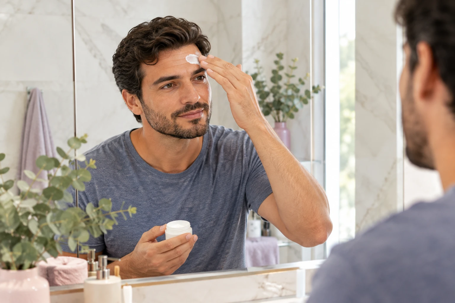 Hombre con barba aplicándose crema antiarrugas en la frente frente al espejo
