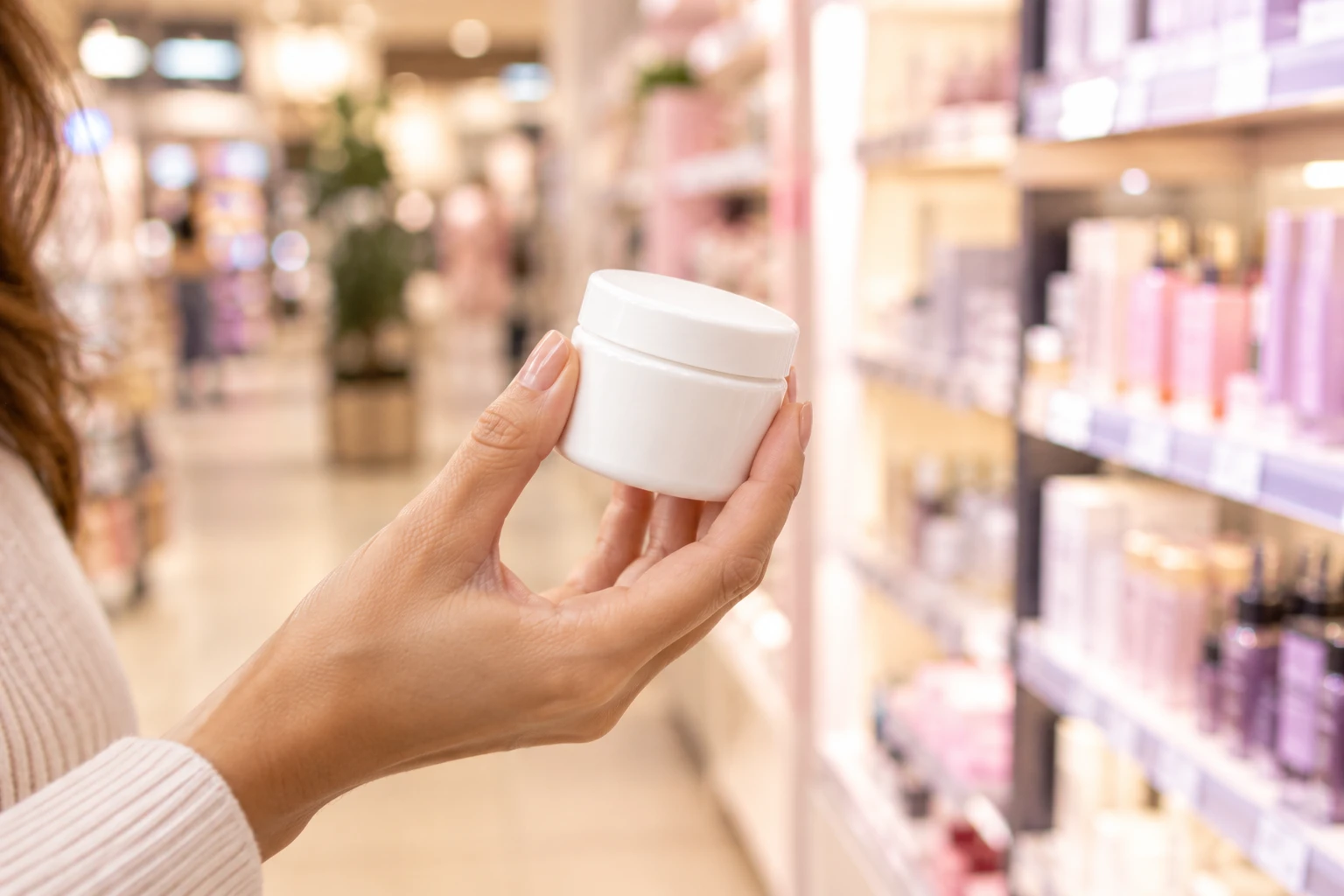 Mano sosteniendo un bote de crema facial en el pasillo de cosmética de un supermercado