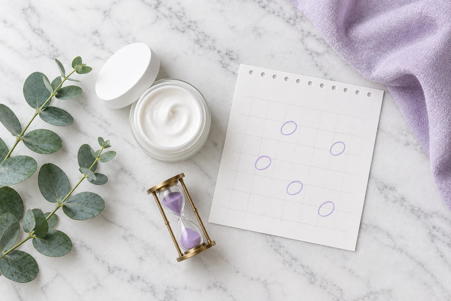 Tarro de crema antiarrugas junto a un calendario con días marcados y un reloj de arena lila