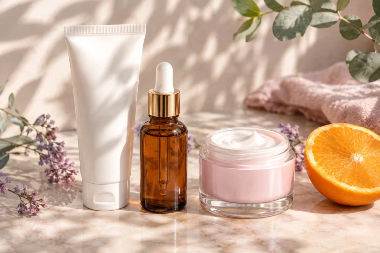 Protector solar, sérum de vitamina C y crema de noche junto a media naranja