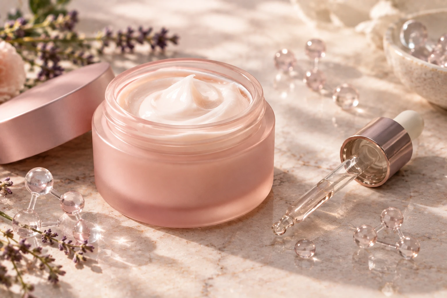 Tarro de crema con péptidos junto a un cuentagotas y esferas que evocan moléculas