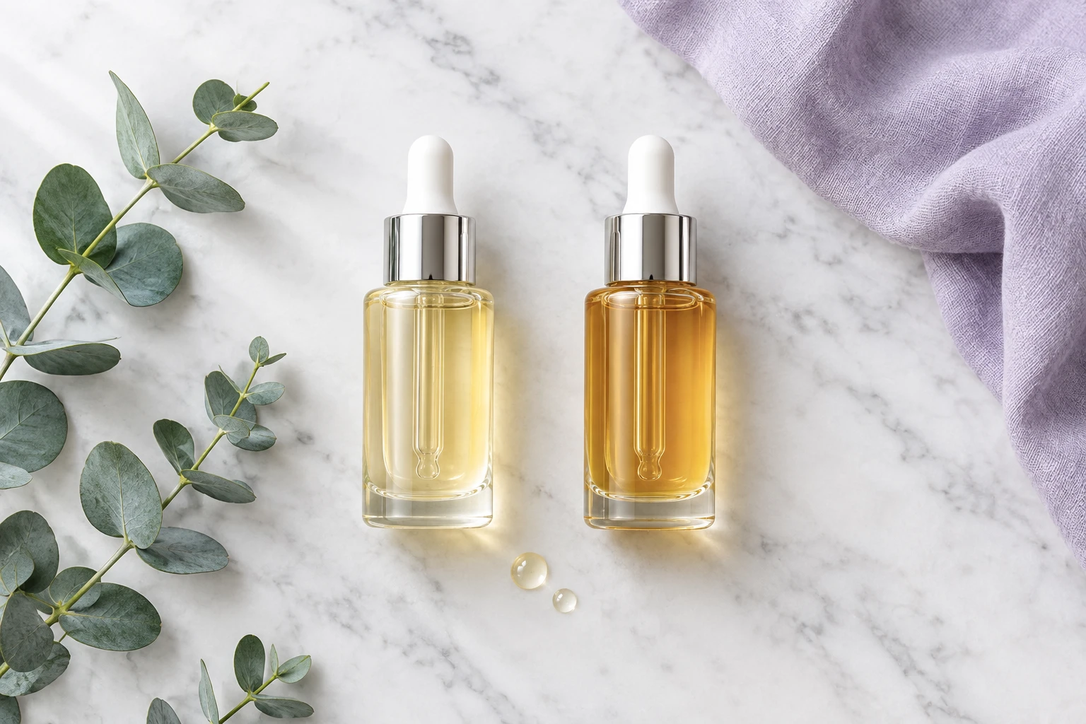 Dos sérums en frasco cuentagotas, uno dorado de retinol y otro ámbar de retinal, sobre mármol blanco con eucalipto