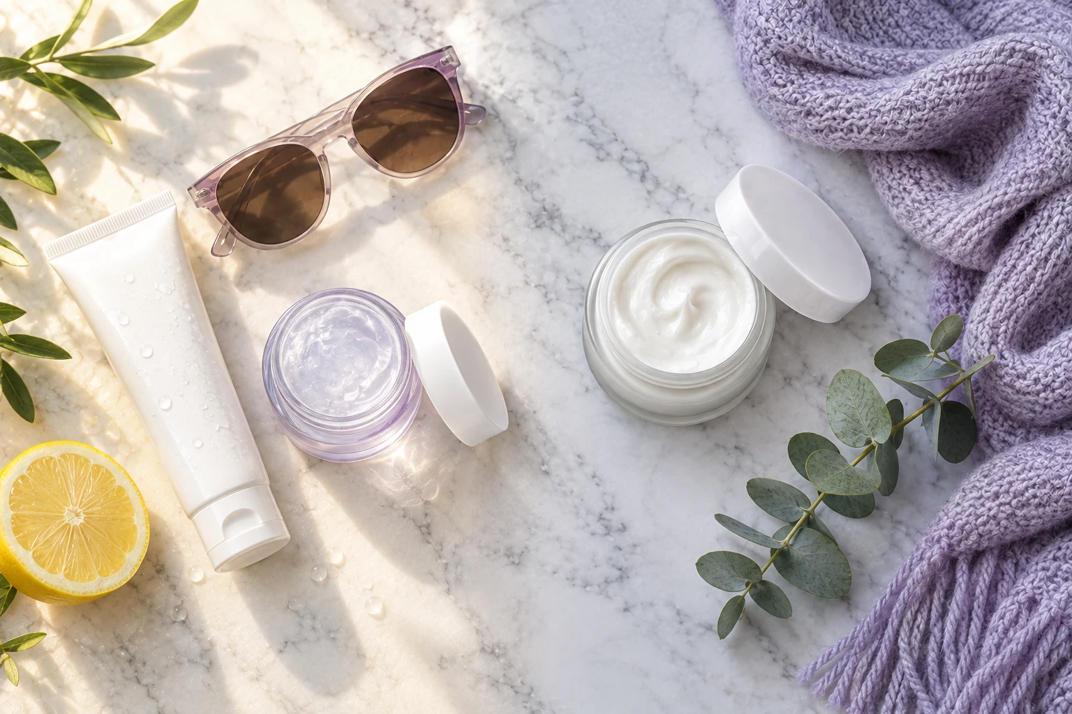 Protector solar y gel ligero con gafas de sol para el verano junto a crema nutritiva y bufanda de lana para el invierno