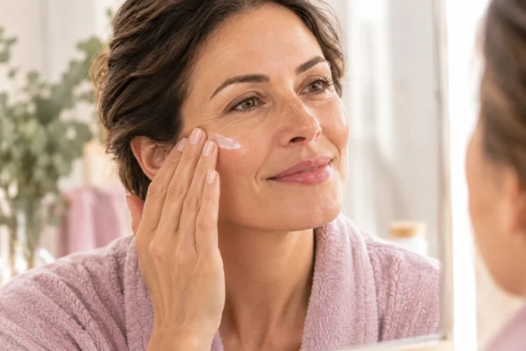 Mujer sonriente aplicándose crema en la mejilla con movimientos ascendentes