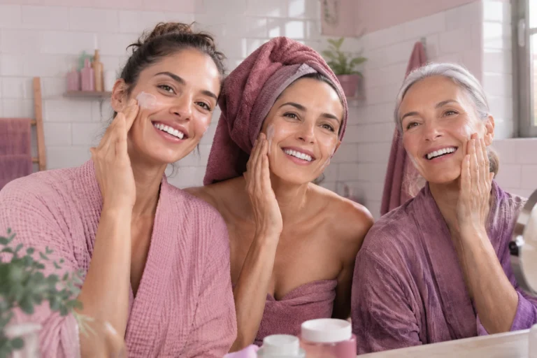 Mujeres de distintas edades aplicándose crema antiarrugas en un baño luminoso