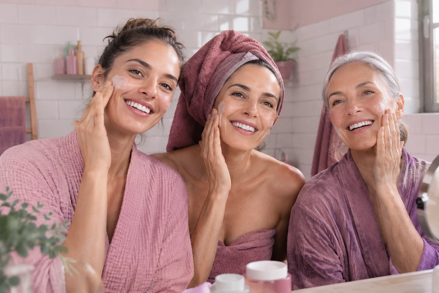 Mujeres de distintas edades aplicándose crema antiarrugas en un baño luminoso