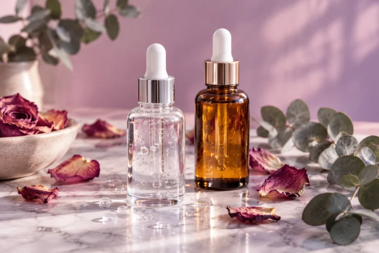Frasco de sérum de ácido hialurónico junto a un sérum de retinol sobre mármol