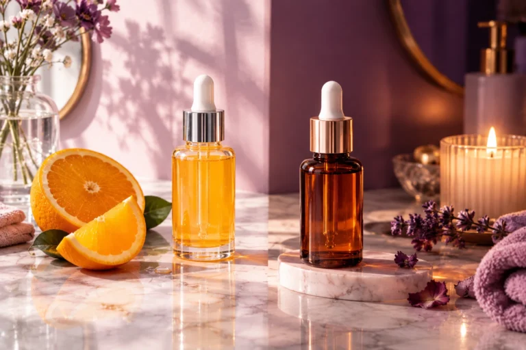 Sérum de vitamina C con naranja y sérum de retinol con vela en un tocador
