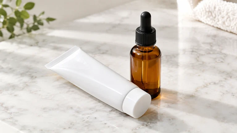Tubo de crema sin marca junto a un frasco cuentagotas de sérum ámbar sobre mármol
