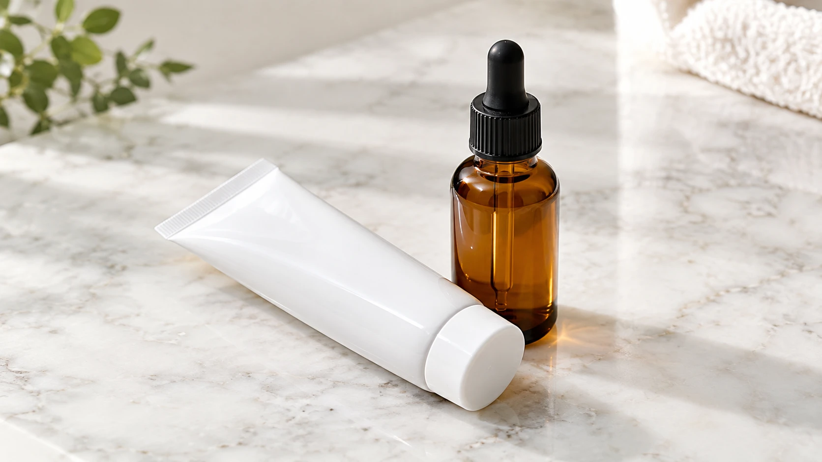Tubo de crema sin marca junto a un frasco cuentagotas de sérum ámbar sobre mármol